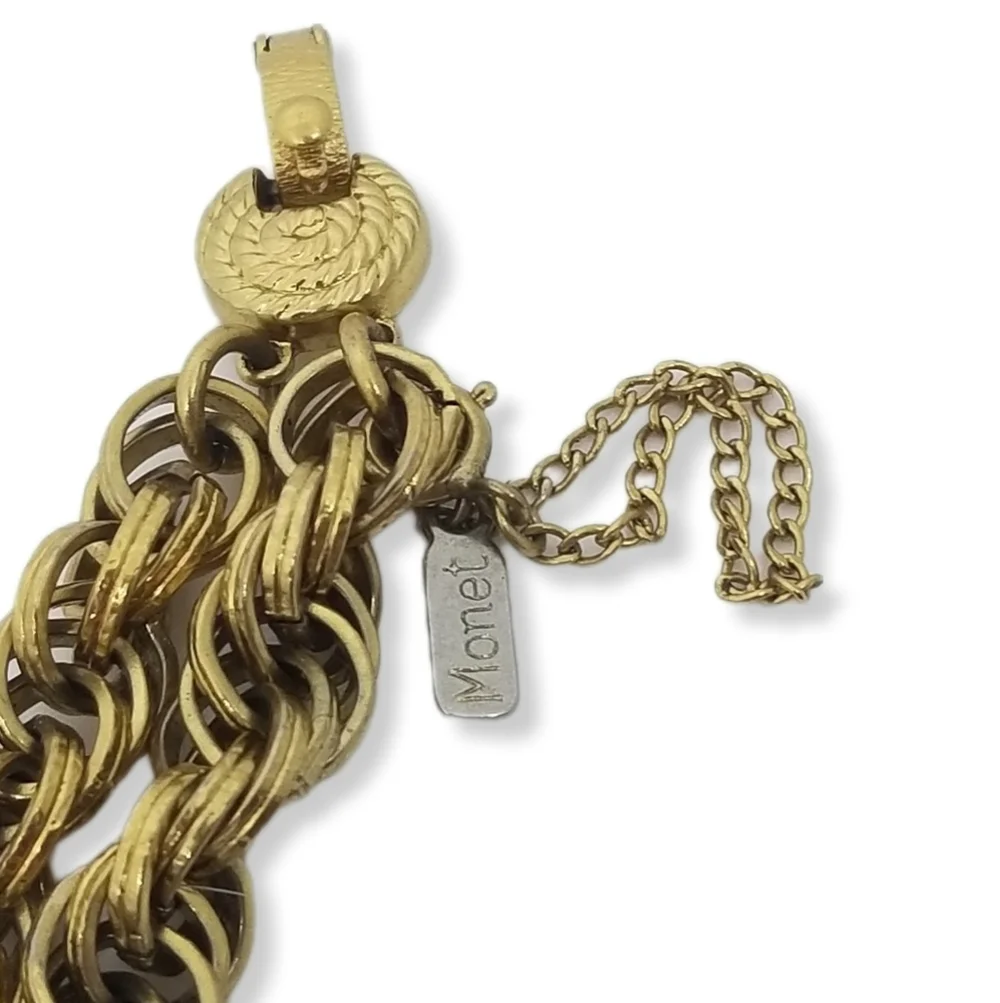MONET 1960s GOLDPLATED TEXTURED  DOUBLE ROPE CHAIN STATEMENT BRACELET - Picture 8 of 9